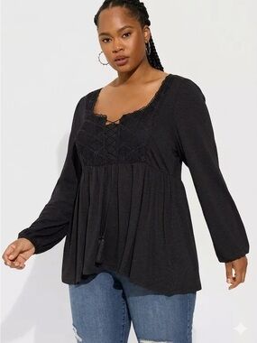 Torrid Black Long Sleeve Peplum Babydoll Boho Top With Lace Details Size 1X